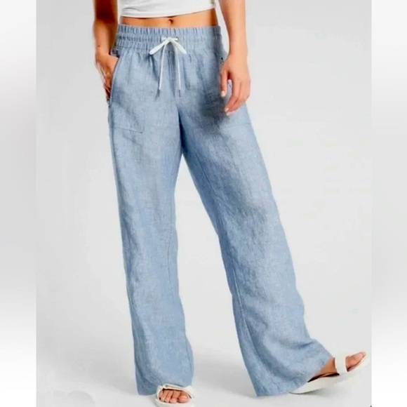 Athleta Pants - Athleta blue linen Cabo wide leg pant size 0